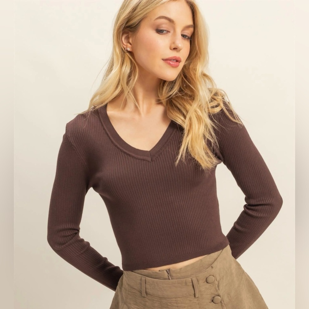 NEW HYFVE Brown Ribbed V Neck Fitted Long Sleeve Top Stretch Basic Size Large